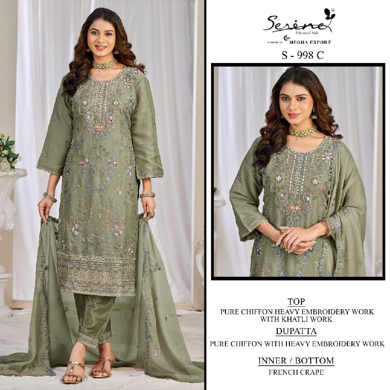 SERINE D.NO 998 WHOLESALE PURE CHIFFON SILK PAKISTANI HIT DESIGN UNSTITCH SALWAR SUITS EXPORTER