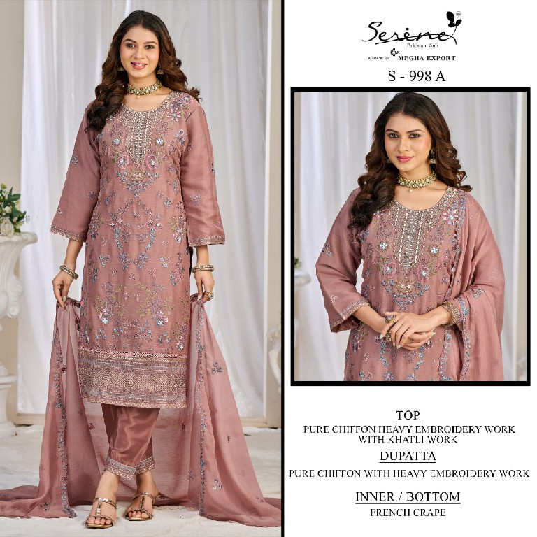 SERINE D.NO 998 WHOLESALE PURE CHIFFON SILK PAKISTANI HIT DESIGN UNSTITCH SALWAR SUITS EXPORTER