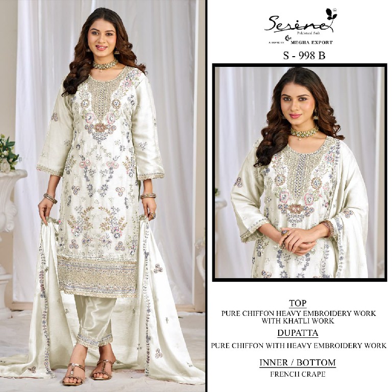 SERINE D.NO 998 WHOLESALE PURE CHIFFON SILK PAKISTANI HIT DESIGN UNSTITCH SALWAR SUITS EXPORTER