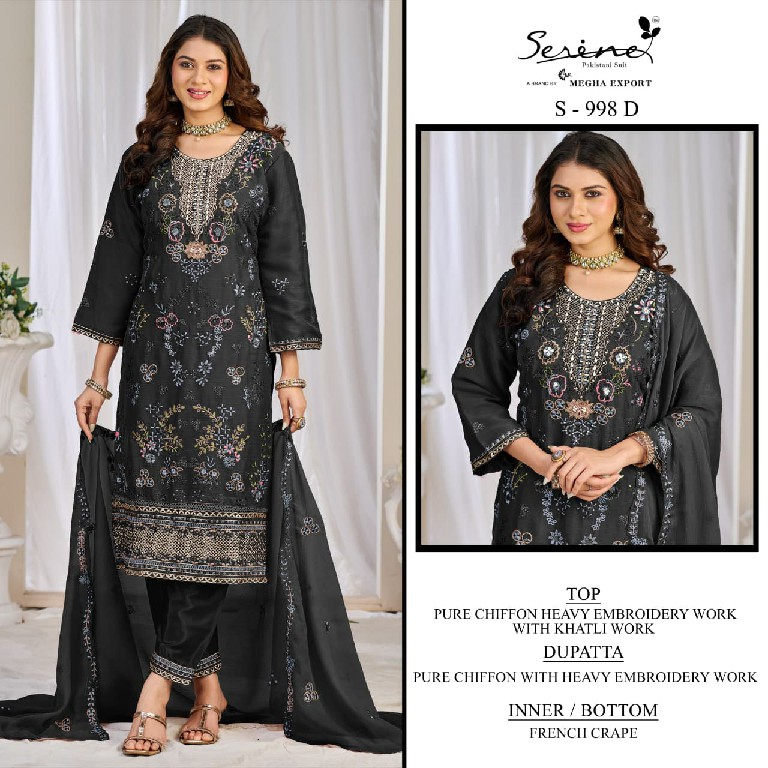 SERINE D.NO 998 WHOLESALE PURE CHIFFON SILK PAKISTANI HIT DESIGN UNSTITCH SALWAR SUITS EXPORTER