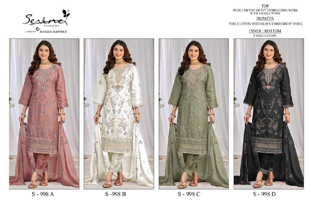 SERINE D.NO 998 WHOLESALE PURE CHIFFON SILK PAKISTANI HIT DESIGN UNSTITCH SALWAR SUITS EXPORTER