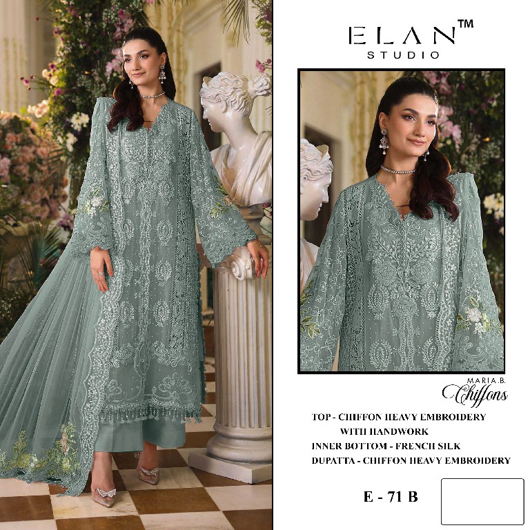 ELAN STUDIO D.NO E-71 WHOLESALE CHIFFON HEAVY WORK PAKISTANI UNSTITCH SALWAR KAMEEZ FOR EXPORT