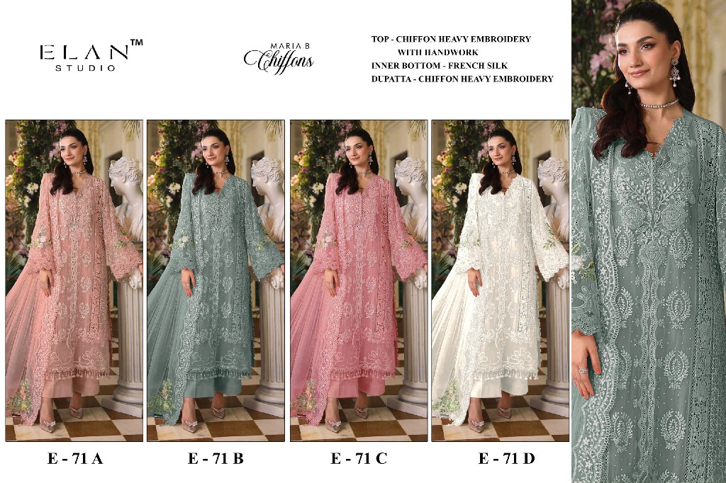 ELAN STUDIO D.NO E-71 WHOLESALE CHIFFON HEAVY WORK PAKISTANI UNSTITCH SALWAR KAMEEZ FOR EXPORT