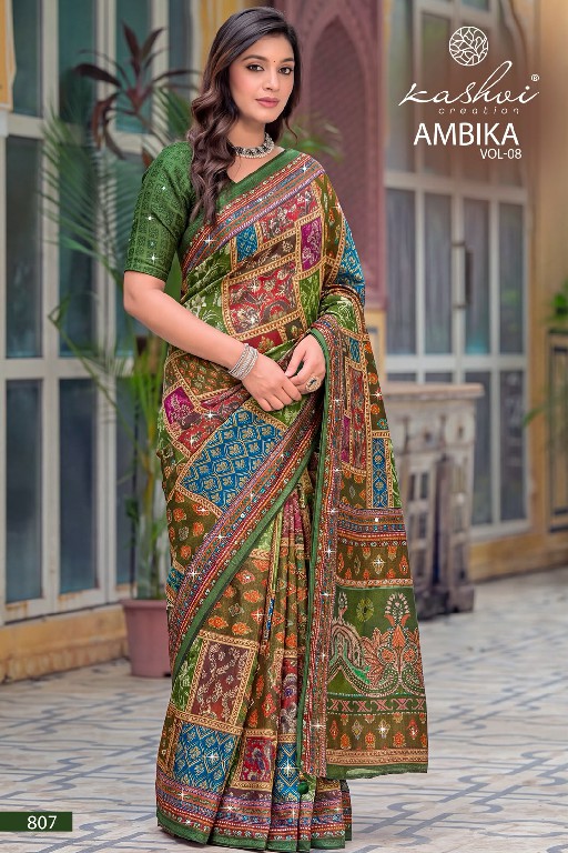 KASHVI CREATION AMBIKA VOL 8 WHOLESALE CHOCOLATE DIGITAL PRINT WITH GLASS WORK INDIAN SAREES FOR WOMEN ONLINE
