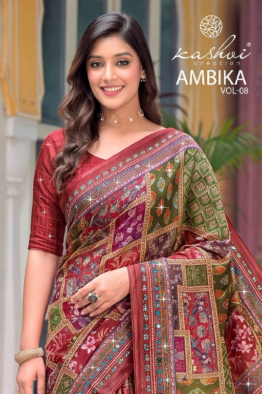 KASHVI CREATION AMBIKA VOL 8 WHOLESALE CHOCOLATE DIGITAL PRINT WITH GLASS WORK INDIAN SAREES FOR WOMEN ONLINE