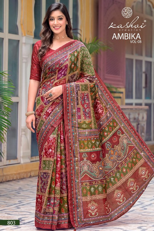 KASHVI CREATION AMBIKA VOL 8 WHOLESALE CHOCOLATE DIGITAL PRINT WITH GLASS WORK INDIAN SAREES FOR WOMEN ONLINE