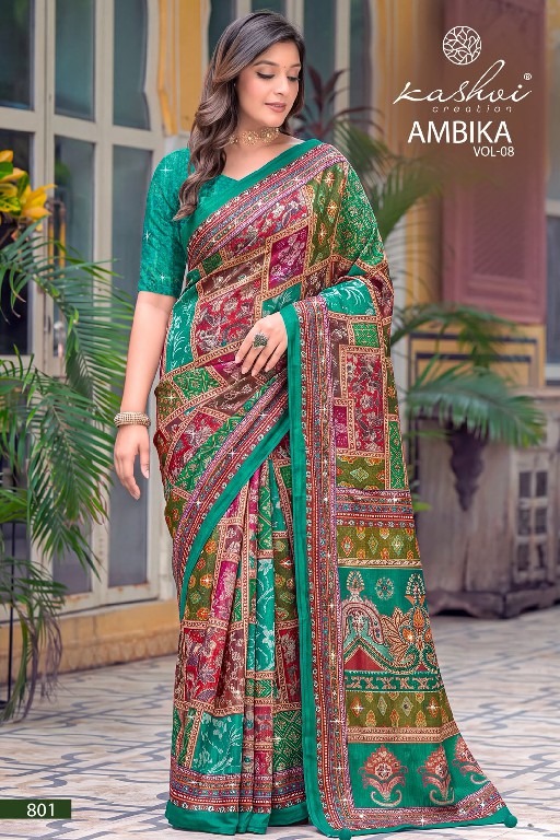 KASHVI CREATION AMBIKA VOL 8 WHOLESALE CHOCOLATE DIGITAL PRINT WITH GLASS WORK INDIAN SAREES FOR WOMEN ONLINE