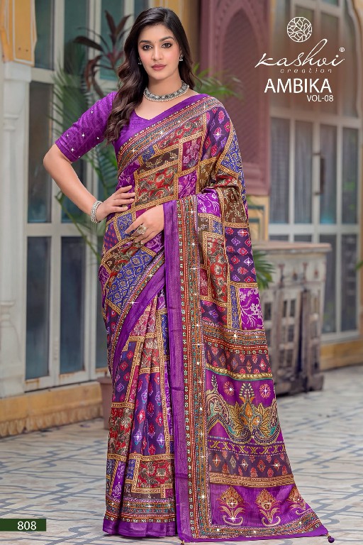 KASHVI CREATION AMBIKA VOL 8 WHOLESALE CHOCOLATE DIGITAL PRINT WITH GLASS WORK INDIAN SAREES FOR WOMEN ONLINE