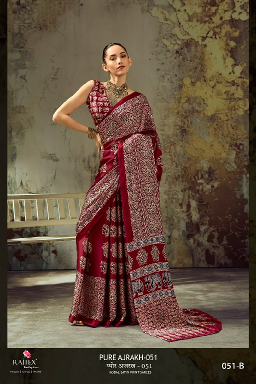 RAJTEX PURE AJRAKH VOL 51 WHOLESALE MODAL SATIN AJRAKH PRINT STYLISH LOOK INDIAN SAREES FOR WOMEN EXPORTER