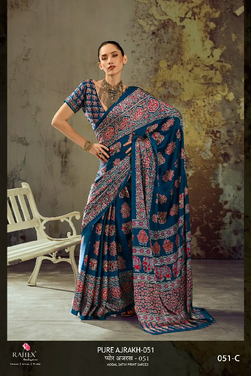 RAJTEX PURE AJRAKH VOL 51 WHOLESALE MODAL SATIN AJRAKH PRINT STYLISH LOOK INDIAN SAREES FOR WOMEN EXPORTER