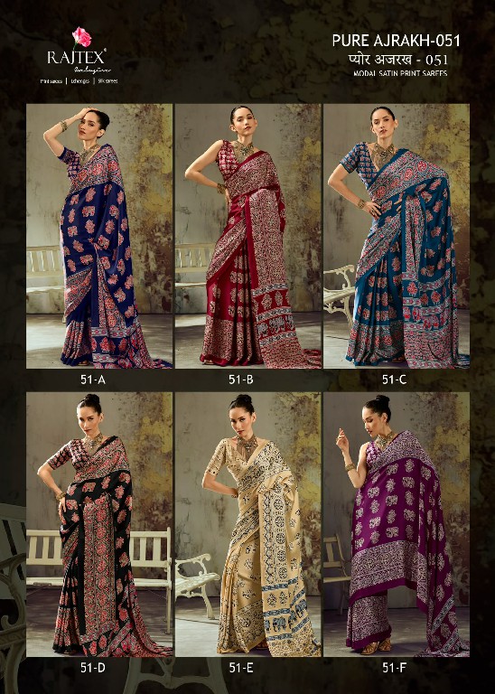 RAJTEX PURE AJRAKH VOL 51 WHOLESALE MODAL SATIN AJRAKH PRINT STYLISH LOOK INDIAN SAREES FOR WOMEN EXPORTER