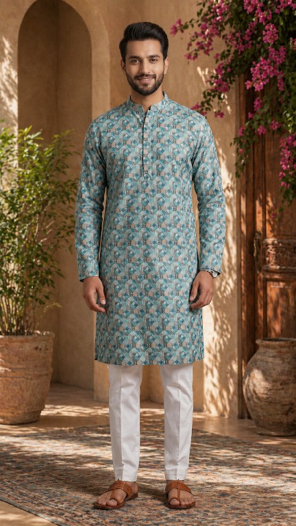 VENMER PRESENT READYMADE POLY RAYON ELEGANT PRINTED DESIGN KURTA PYJAMA FOR MEN ONLINE