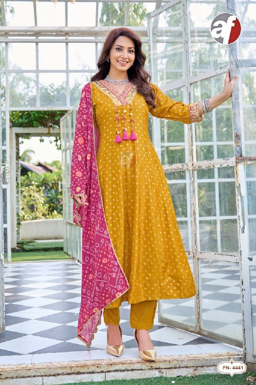 ANJU FAB D.NO PN 4441 TO 4443 WHOLESALE READYMADE DOLA RUSSIAN DESIGNER ANARKALI 3 PCS COMBO SET SUITS EXPORTER