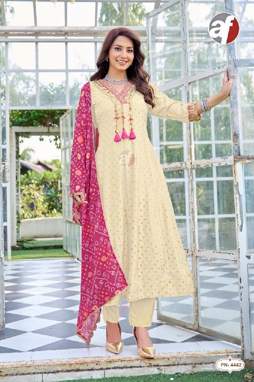 ANJU FAB D.NO PN 4441 TO 4443 WHOLESALE READYMADE DOLA RUSSIAN DESIGNER ANARKALI 3 PCS COMBO SET SUITS EXPORTER