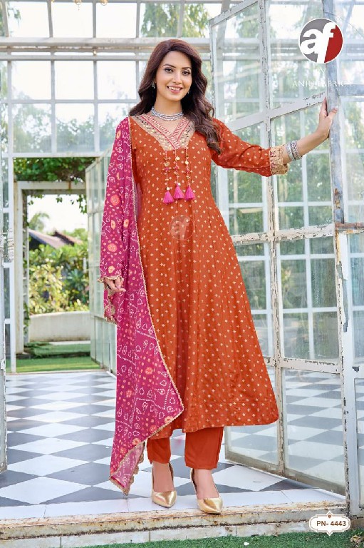 ANJU FAB D.NO PN 4441 TO 4443 WHOLESALE READYMADE DOLA RUSSIAN DESIGNER ANARKALI 3 PCS COMBO SET SUITS EXPORTER