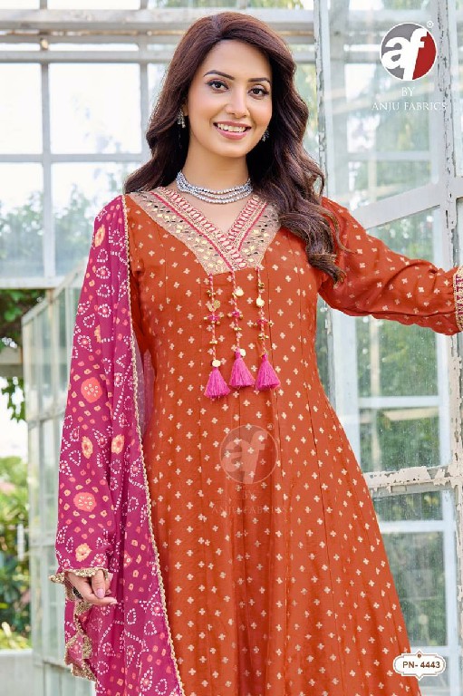 ANJU FAB D.NO PN 4441 TO 4443 WHOLESALE READYMADE DOLA RUSSIAN DESIGNER ANARKALI 3 PCS COMBO SET SUITS EXPORTER