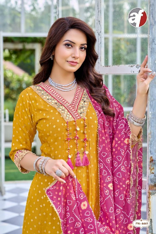 ANJU FAB D.NO PN 4441 TO 4443 WHOLESALE READYMADE DOLA RUSSIAN DESIGNER ANARKALI 3 PCS COMBO SET SUITS EXPORTER
