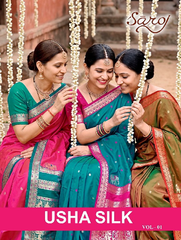 SAROJ USHA SILK VOL 1 WHOLESALE PURE SILK FESTIVE WEAR INDIAN SAREES FOR WOMEN EXPORTER