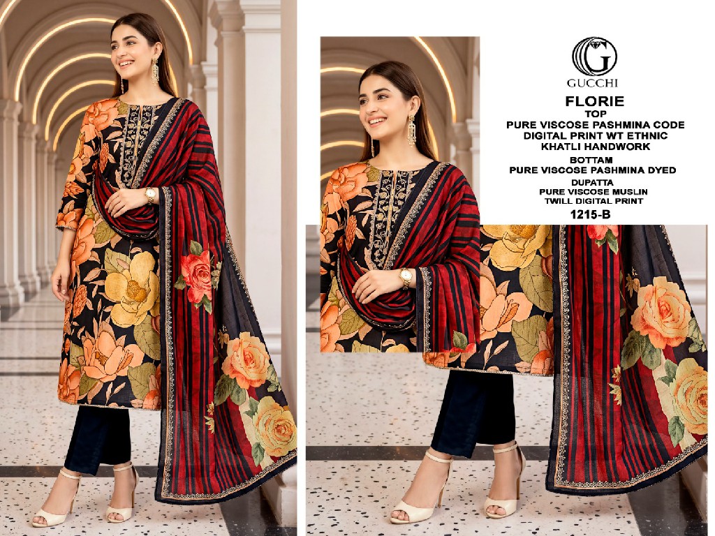 GUCCHI FLORIE D.NO 1215 WHOLESALE VISCOSE PASHMINA WINTER CLASSIC UNSTITCH SALWAR SUITS SUPPLIER