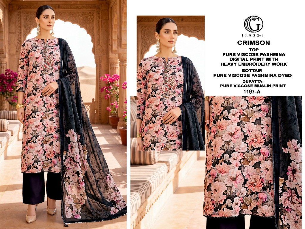 GUCCHI CRIMSON D.NO 1197 WHOLESALE VISCOSE PASHMINA WINTER COLLECTION UNSTITCH SALWAR SUITS FOR EXPORT