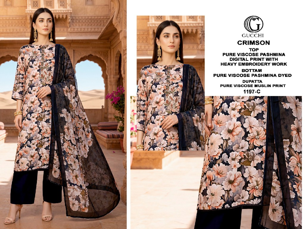 GUCCHI CRIMSON D.NO 1197 WHOLESALE VISCOSE PASHMINA WINTER COLLECTION UNSTITCH SALWAR SUITS FOR EXPORT