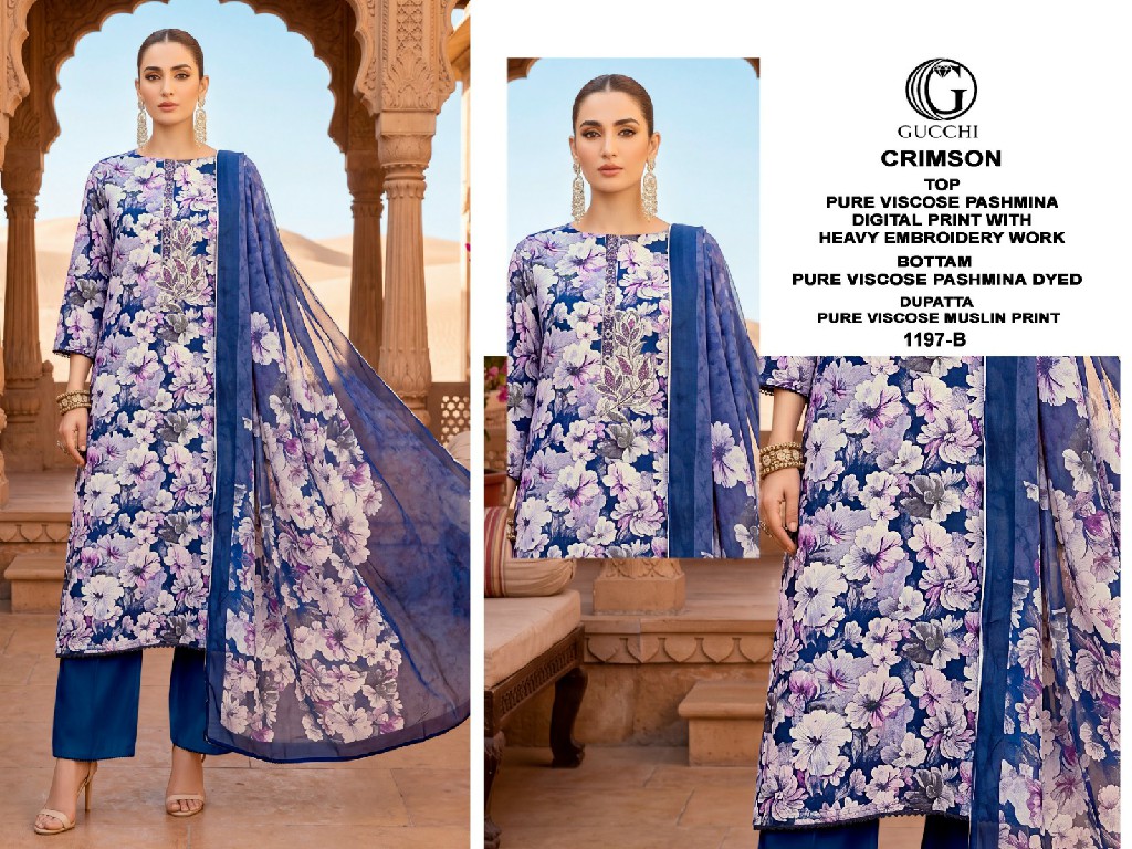 GUCCHI CRIMSON D.NO 1197 WHOLESALE VISCOSE PASHMINA WINTER COLLECTION UNSTITCH SALWAR SUITS FOR EXPORT