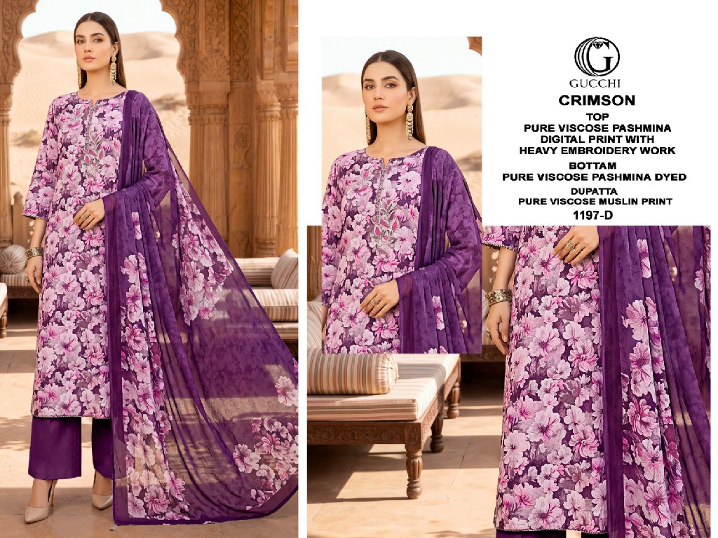 GUCCHI CRIMSON D.NO 1197 WHOLESALE VISCOSE PASHMINA WINTER COLLECTION UNSTITCH SALWAR SUITS FOR EXPORT