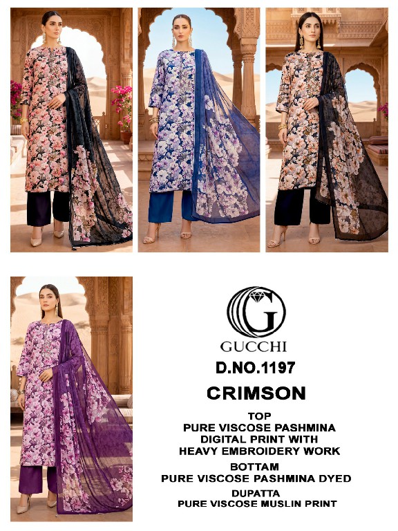 GUCCHI CRIMSON D.NO 1197 WHOLESALE VISCOSE PASHMINA WINTER COLLECTION UNSTITCH SALWAR SUITS FOR EXPORT