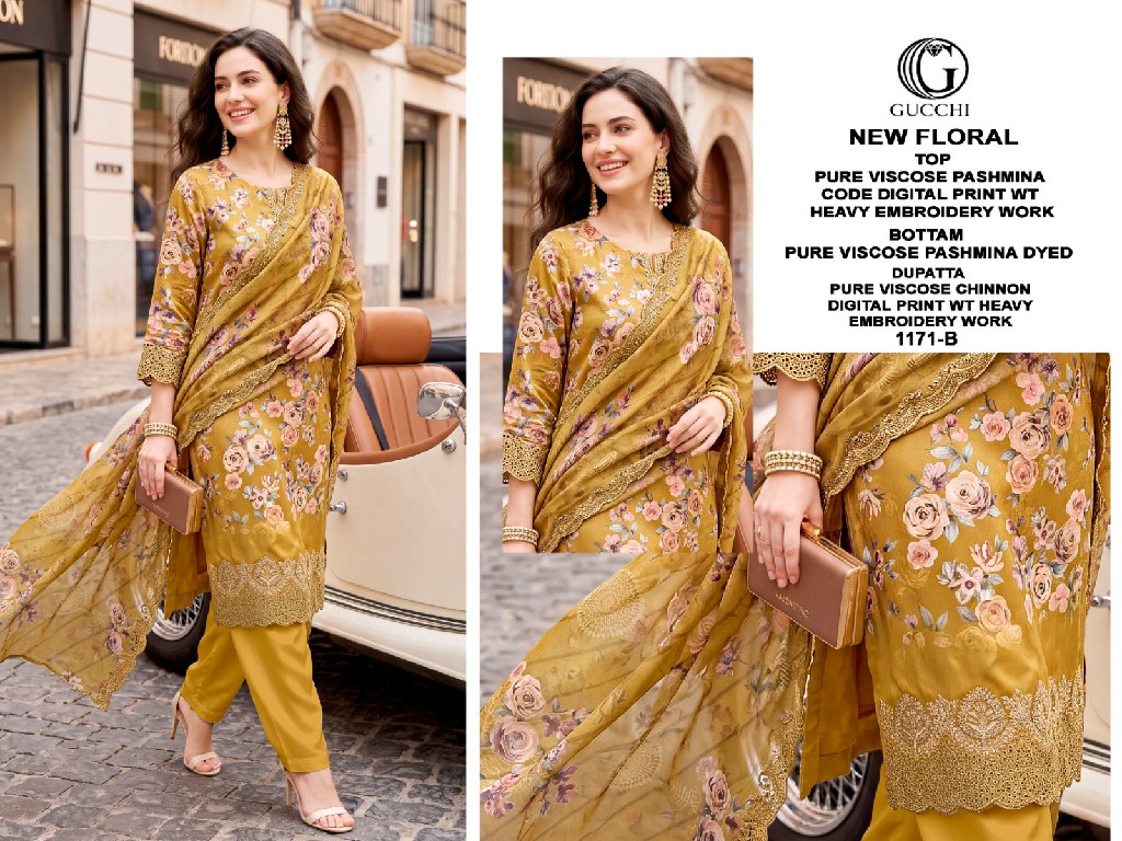 GUCCHI NEW FLORAL D.NO 1171 WHOLESALE VISCOSE PASHMINA WINTER SPECIAL UNSTITCH SALWAR SUITS EXPORTER
