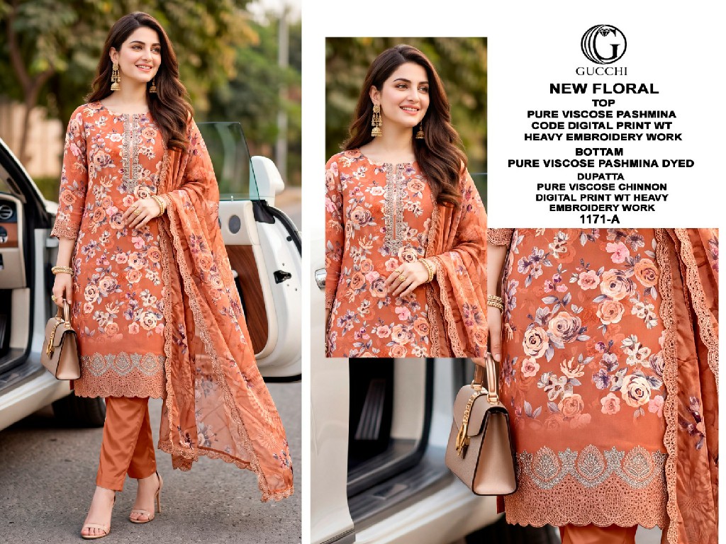 GUCCHI NEW FLORAL D.NO 1171 WHOLESALE VISCOSE PASHMINA WINTER SPECIAL UNSTITCH SALWAR SUITS EXPORTER