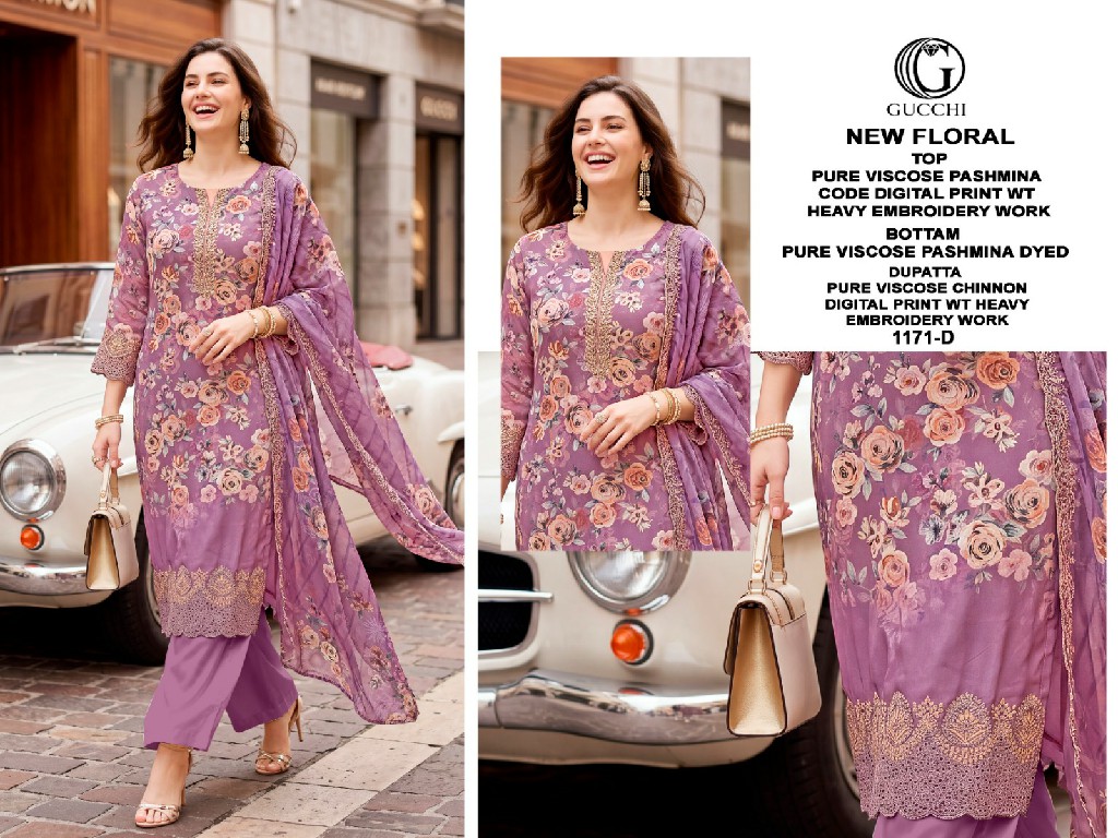 GUCCHI NEW FLORAL D.NO 1171 WHOLESALE VISCOSE PASHMINA WINTER SPECIAL UNSTITCH SALWAR SUITS EXPORTER