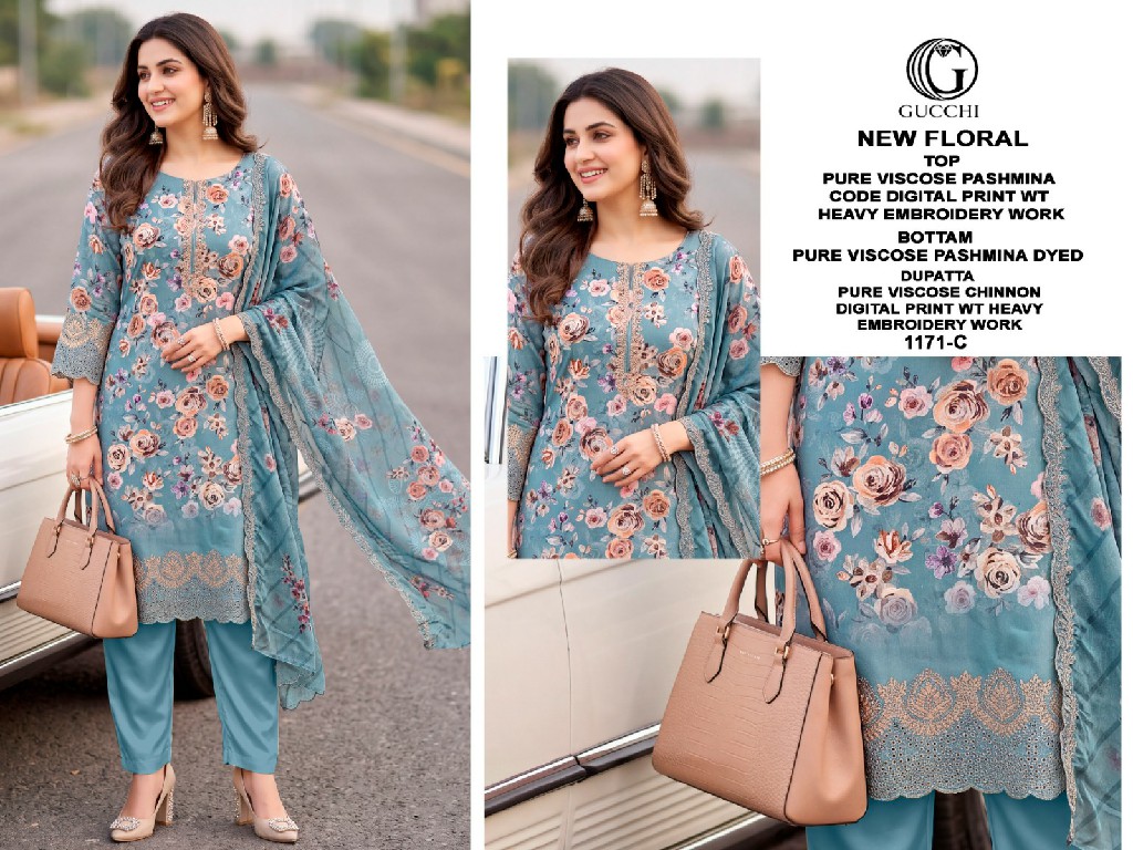 GUCCHI NEW FLORAL D.NO 1171 WHOLESALE VISCOSE PASHMINA WINTER SPECIAL UNSTITCH SALWAR SUITS EXPORTER