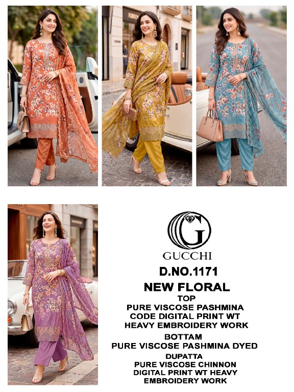 GUCCHI NEW FLORAL D.NO 1171 WHOLESALE VISCOSE PASHMINA WINTER SPECIAL UNSTITCH SALWAR SUITS EXPORTER