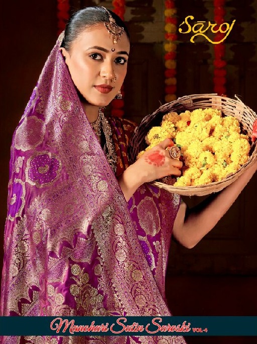 SAROJ MANOHARI SATIN SAROSKI VOL 4 WHOLESALE PURE SATIN SILK OCCASION WEAR INDIAN SAREES FOR WOMEN SUPPLIER
