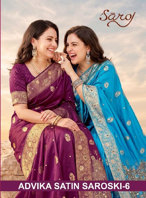 SAROJ ADVIKA SATIN SAROSKI VOL 6 WHOLESALE PURE SATIN SILK GLAMOURS STYLE INDIAN SAREES FOR WOMEN ONLINE