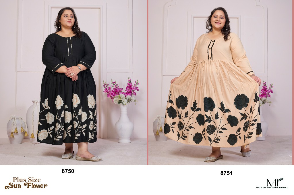 MOKSH PLUS SIZE SUN FLOWER VOL 1 WHOLESALE READYMADE RAYON BIG SIZE STYLISH LONG KURTIS FOR EXPORT