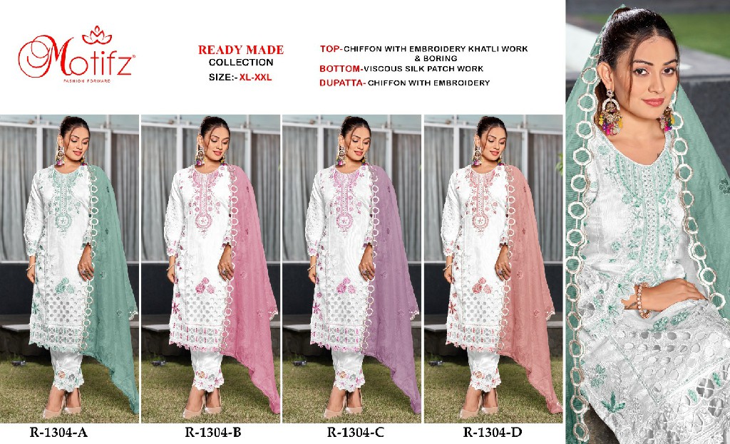 MOTIFZ D.NO 1304 WHOLESALE READYMADE CHIFFON WITH WORK PAKISTANI 3 PCS SUITS EXPORTER