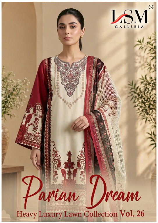 LSM GALLERIA PARIAN DREAM VOL 26 WHOLESALE READYMADE LAWN PRINTED LUXURIOUS 3 PCS SUITS SUPPLIER