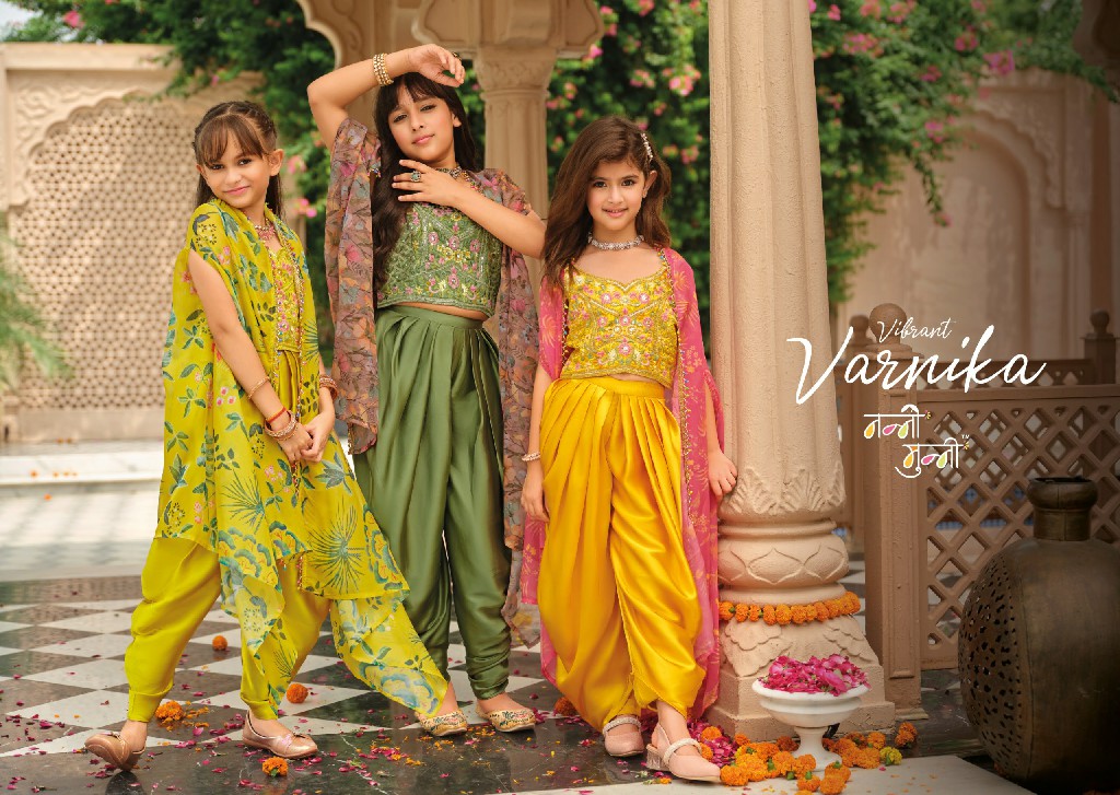 NANNI MUNNI VARNIKA WHOLESALE READYMADE HEAVY SATIN SILK INDO WESTERN DRESS FOR KIDS ONLINE