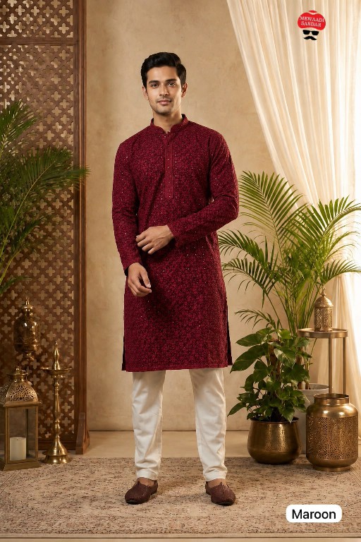 TEXTILEDEAL MANYAVAR CHIKANKARI 2.0 WHOLESALE READYMADE RAYON CHIKAN SHIFFLI WORK LONG KURTA PYJAMA FOR MEN ONLINE