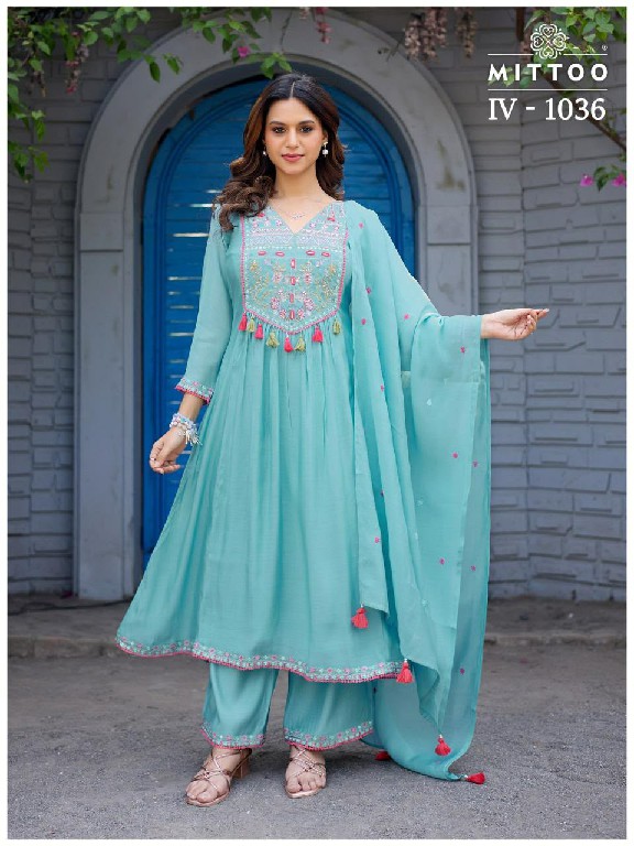 MITTOO NX D.NO 1036-1037 WHOLESALE READYMADE MAL CHANDERI ELEGANT 3 PCS COMBO SET SUITS EXPORTER