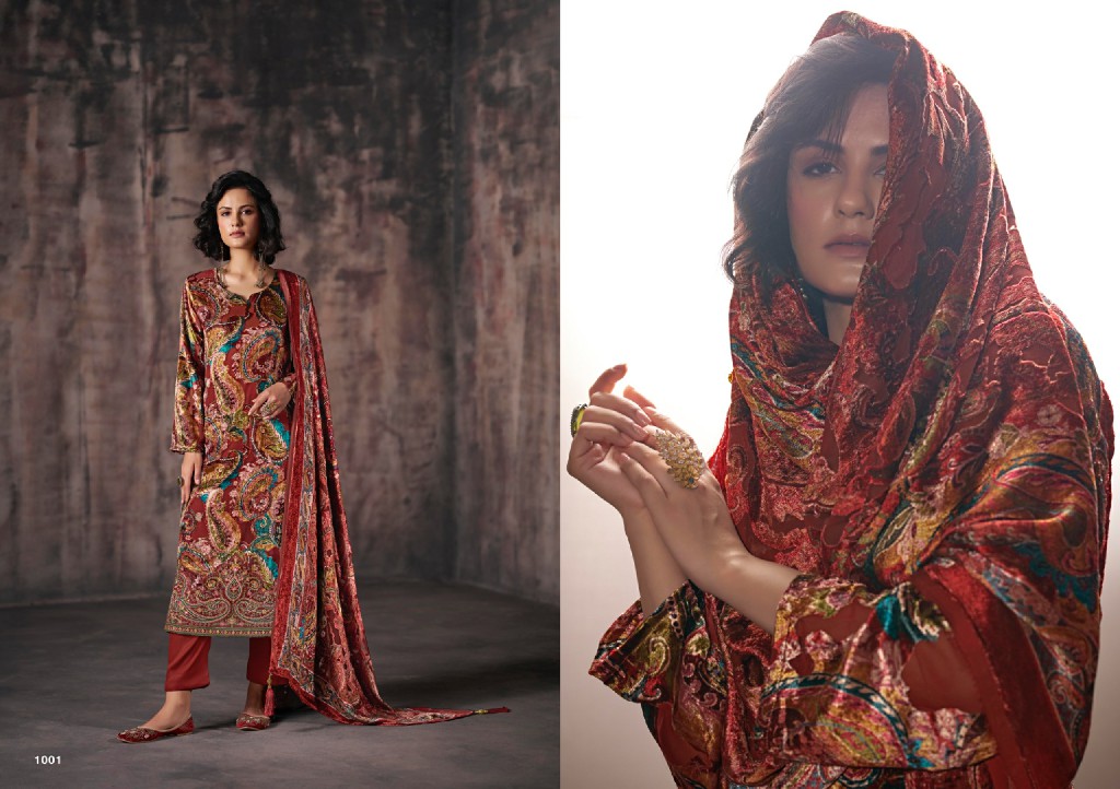 RANGATI PRINTS GULREZ WHOLESALE PALACHI VELVET WINTER WEAR UNSTITCH SALWAR SUITS EXPORTER