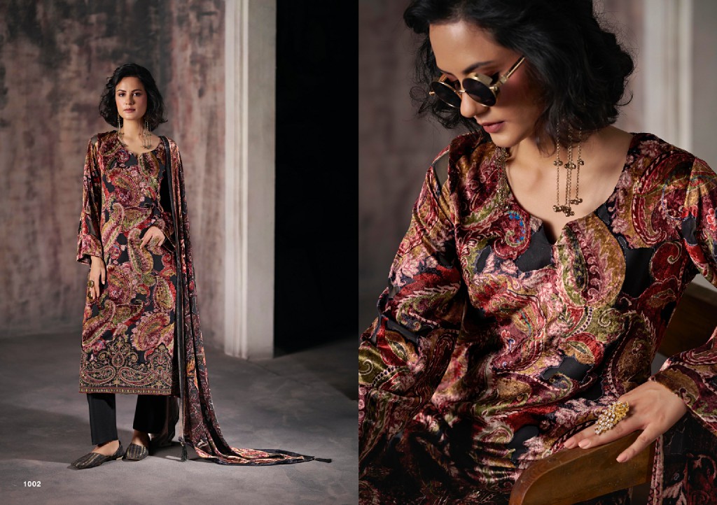 RANGATI PRINTS GULREZ WHOLESALE PALACHI VELVET WINTER WEAR UNSTITCH SALWAR SUITS EXPORTER