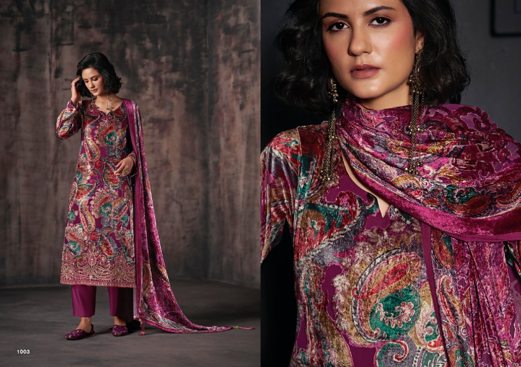 RANGATI PRINTS GULREZ WHOLESALE PALACHI VELVET WINTER WEAR UNSTITCH SALWAR SUITS EXPORTER
