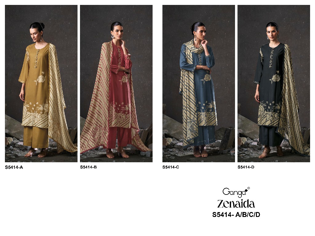 GANGA ZENAIDA S5414 WHOLESALE PURE WOOL PASHMINA WINTER CASUAL WEAR UNSTITCH SALWAR SUITS FOR EXPORT