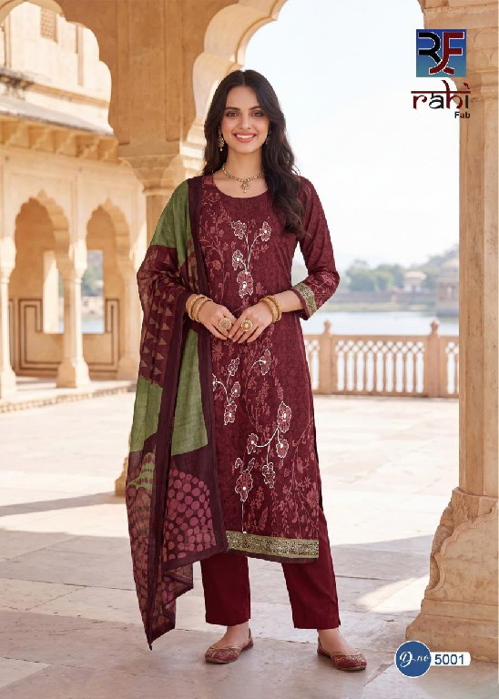 RAHI FAB RISING SILVER VOL 5 WHOLESALE PURE COTTON BEAUTIFUL HAND WORK UNSTITCH SALWAR SUITS SUPPLIER