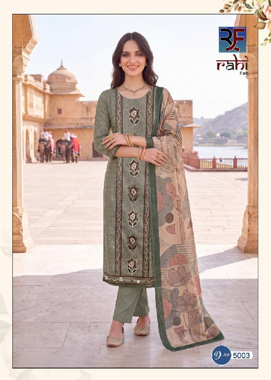 RAHI FAB RISING SILVER VOL 5 WHOLESALE PURE COTTON BEAUTIFUL HAND WORK UNSTITCH SALWAR SUITS SUPPLIER