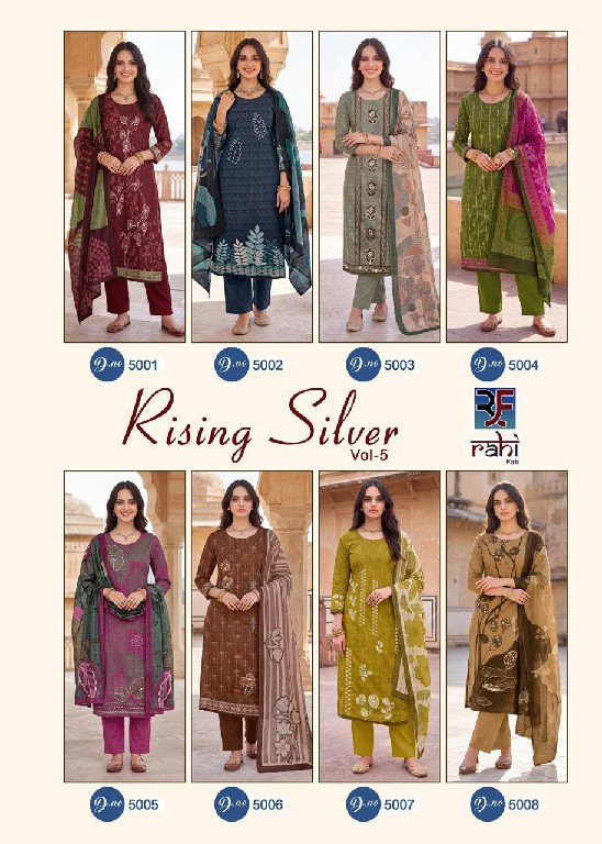 RAHI FAB RISING SILVER VOL 5 WHOLESALE PURE COTTON BEAUTIFUL HAND WORK UNSTITCH SALWAR SUITS SUPPLIER