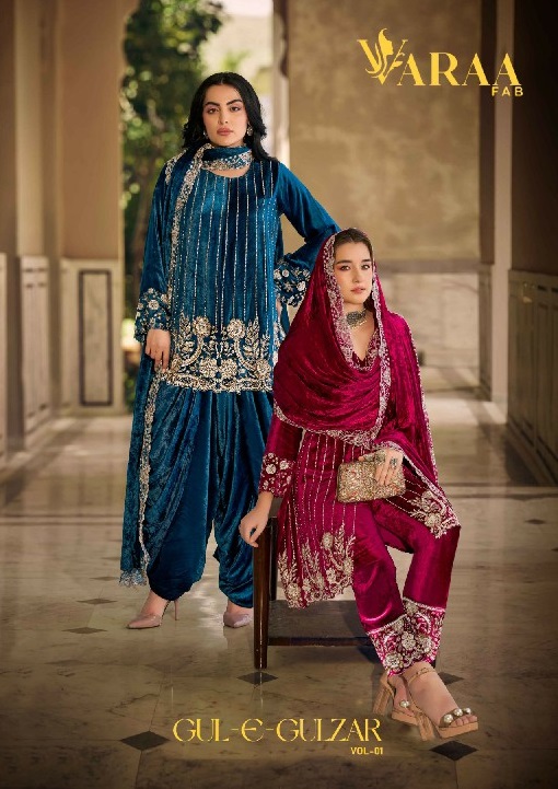 VARAA FAB GUL-E-GULZAR VOL 1 WHOLESALE VISCOSE VELVET WINTER AMAZING DESIGN UNSTITCH SALWAR SUITS EXPORTER